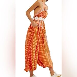 Free People Rising Sun Orange Floral Wide Leg Embroidered Oversized Pants